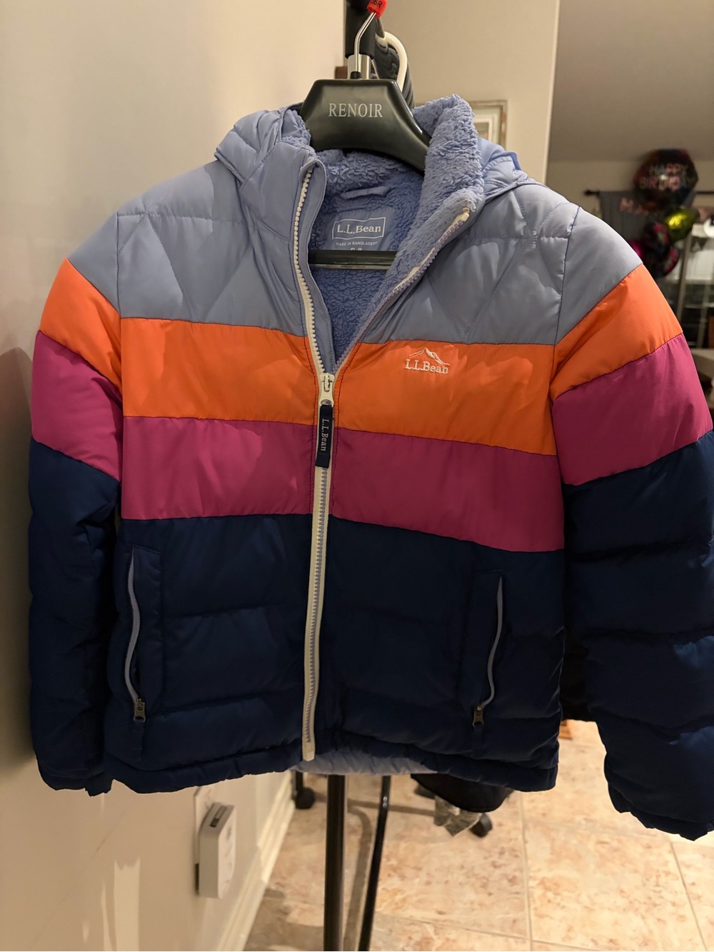 L.L. Bean Kids Colorblock Puffer Jacket in Light Blue, Orange, Pink, Navy